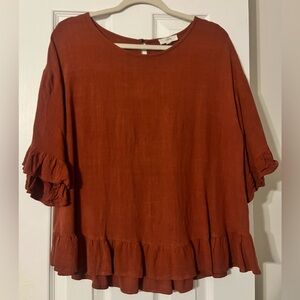 Entro Brown and Orange Boxy Ruffled Short Sleeve Blouse